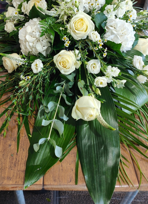 White Hydrangea & Rose Casket Spray