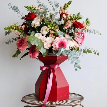 Pretty pinks & red rose bouquet