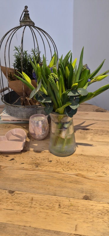 Blue hyacinths & yellow tulips vase