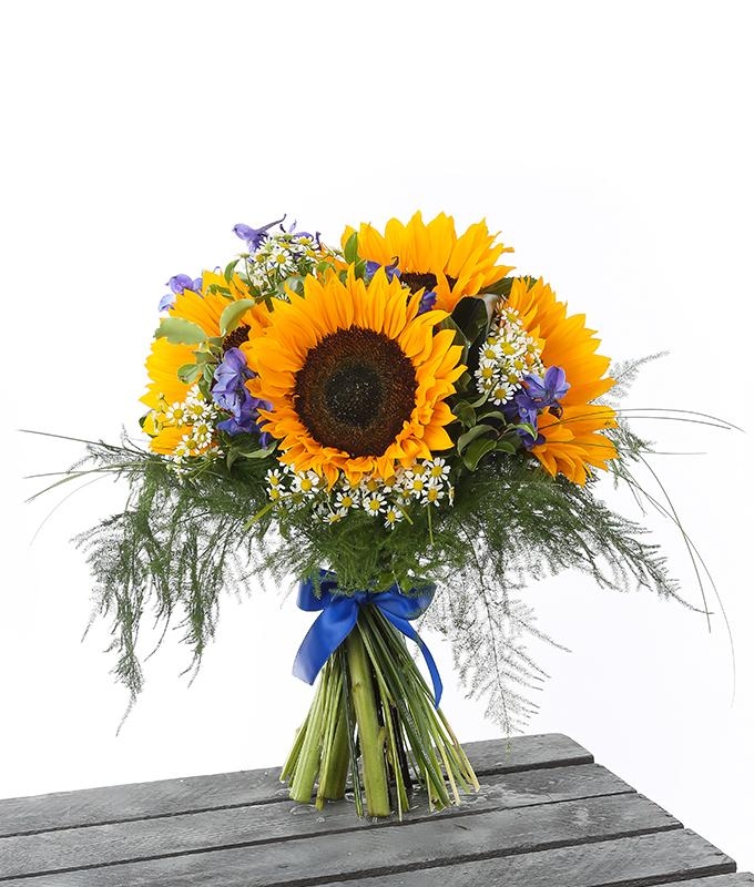Sunflower and Delphinium Hand tied Bouquet