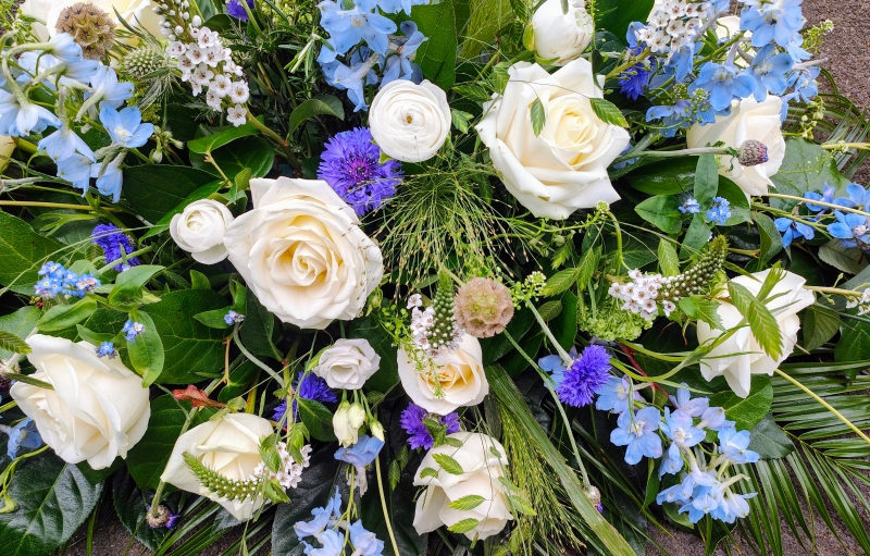 White Rose & Delphinium Casket Spray