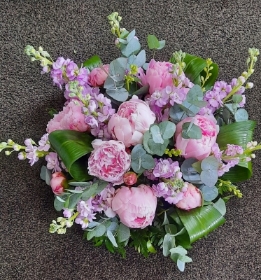 Loose posy of stocks and peonies