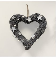 Grey wicker heart wreath with stars