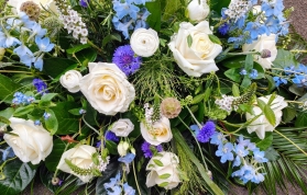 White Rose & Delphinium Casket Spray