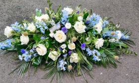 White Rose & Delphinium Casket Spray